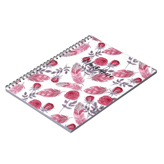 水彩画の赤い羽花の白いboh ノートブック (左側)