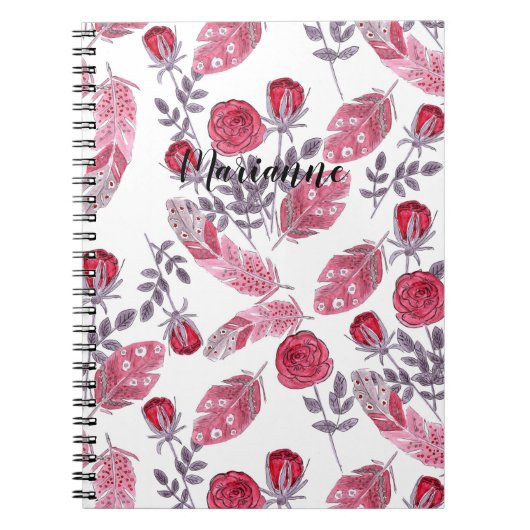 水彩画の赤い羽花の白いboh ノートブック (正面)
