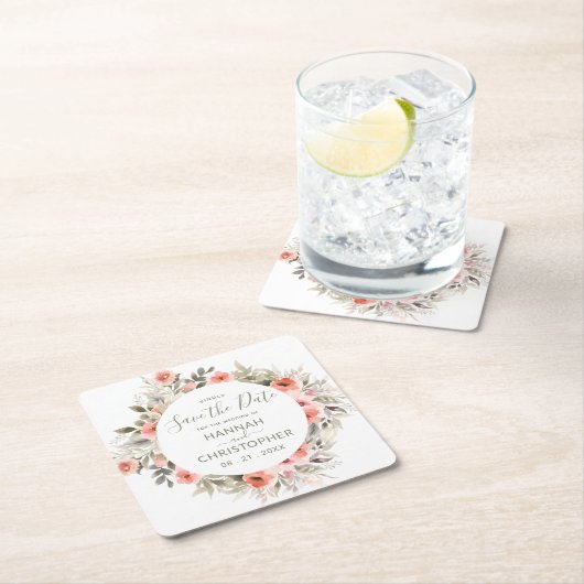 水彩画の赤面のバラのリースの保存日付 スクエアペーパーコースター (インサイチュ)