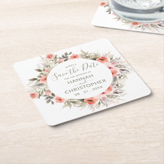 水彩画の赤面のバラのリースの保存日付 スクエアペーパーコースター (アングル)