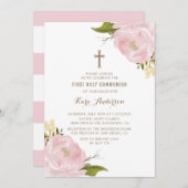 水彩画の赤面のピンクのシャクヤクの最初聖餐式 招待状 (正面/裏面)