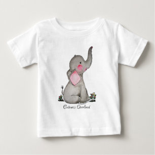 水彩画の赤面及び花を持つかわいいベビー象 ベビーTシャツ