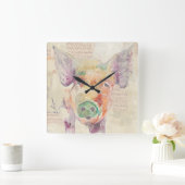 水彩画の農場のコラージュのブタ スクエア壁時計 (ホーム)