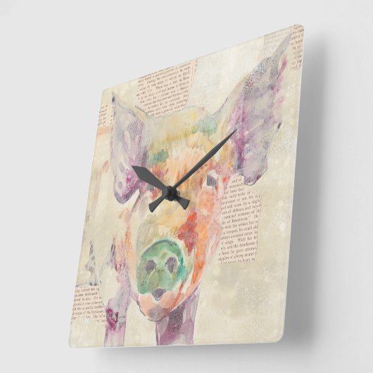 水彩画の農場のコラージュのブタ スクエア壁時計 (傾斜)