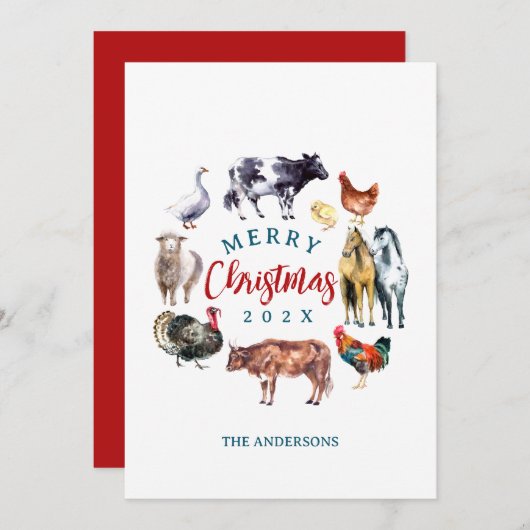 水彩画の農場動物を使ったカントリー調インテリア シーズンカード (正面/裏面)