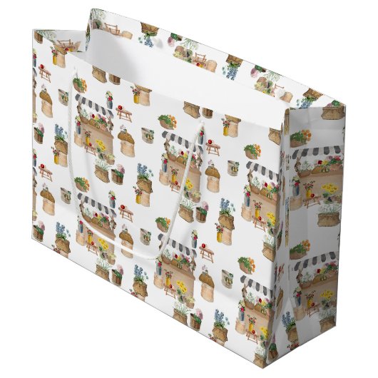 水彩画の農場市場 花のカートスタンド ラージペーパーバッグ (正面アングル)