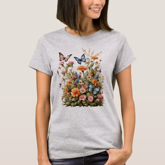 水彩画の野の花と蝶のデザイン Tシャツ (正面)