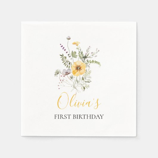 水彩画の野の花の1歳の誕生日 スタンダードカクテルナプキン (正面)