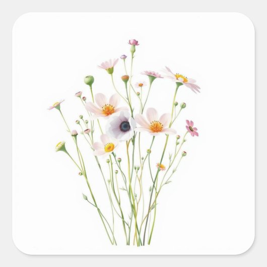 水彩画の野の花ブーケ スクエアシール (正面)