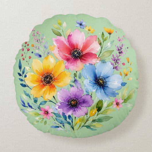 水彩画の野の花 ラウンドクッション (正面)