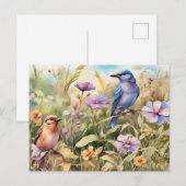 水彩画の野生の花と鳥のイラスト ポストカード (正面/裏面)
