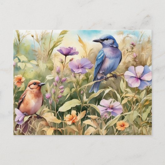 水彩画の野生の花と鳥のイラスト ポストカード (正面)