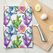 水彩画の野生の花のサボテンパターン キッチンタオル (四つ折り)
