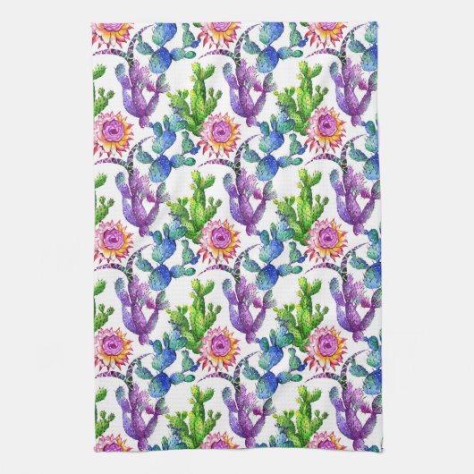 水彩画の野生の花のサボテンパターン キッチンタオル (縦)