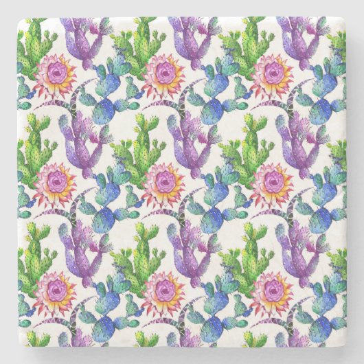 水彩画の野生の花のサボテンパターン ストーンコースター (正面)