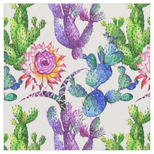 水彩画の野生の花のサボテンパターン ファブリック (クローズアップ)