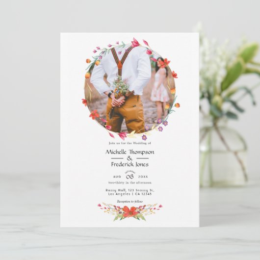 水彩画の野生の花の結婚式の写真 結婚式 招待状 (スタンド正面)