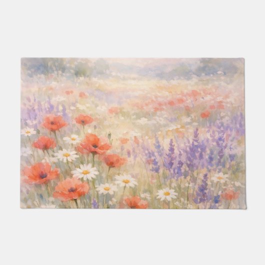 水彩画の野生の花の草原の風景 ドアマット (正面)