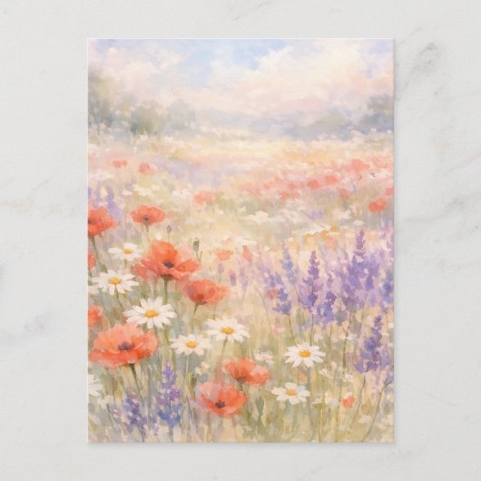 水彩画の野生の花の草原の風景 ポストカード (正面)