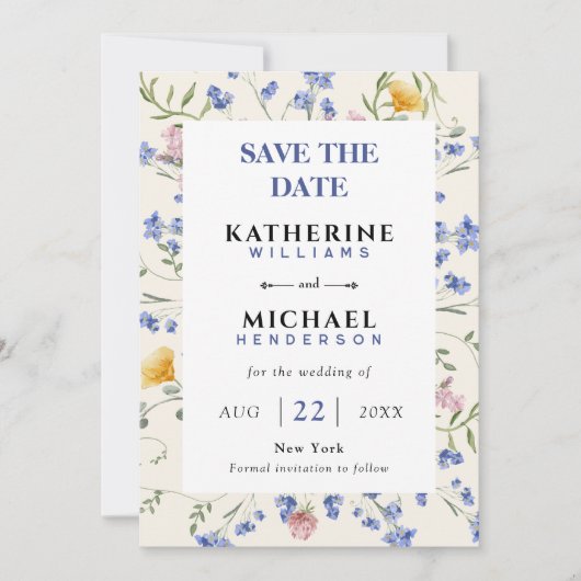 水彩画の野生の花の草原 ウェディング セーブザデート (正面)