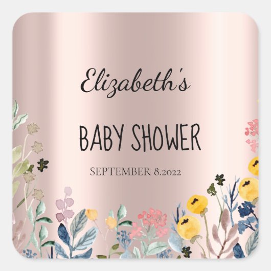 水彩画の野生の花の草原 ローズゴールド スクエアシール (正面)