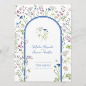 水彩画の野生の花をあしらった青い結婚式のメニュー メニュー (正面)