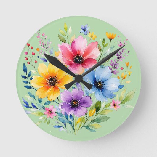 水彩画の野生の花 ラウンド壁時計 (正面)
