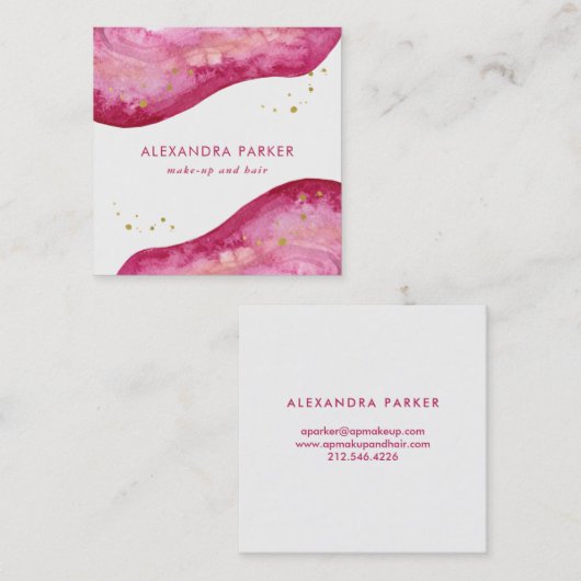 水彩画の金ゴールドのGeodeピンクおよびフェイクな|の正方形 スクエア名刺 (正面/裏面)