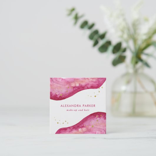 水彩画の金ゴールドのGeodeピンクおよびフェイクな|の正方形 スクエア名刺 (スタンド正面)