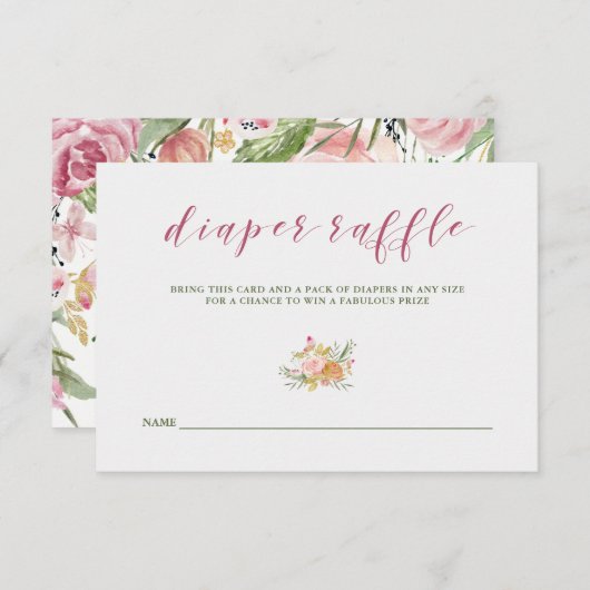 水彩画の開花のピンク|のベビーシャワーのおむつのラッフル エンクロージャーカード (正面/裏面)