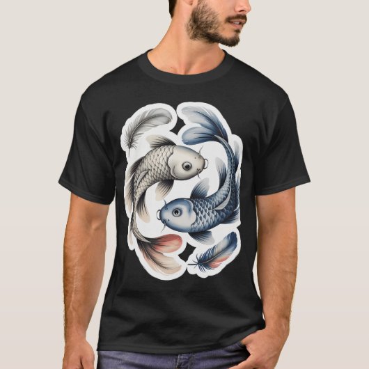 水彩画の陰陽コイ Tシャツ (正面)