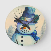水彩画の雪だるまウォールクロック ラウンド壁時計 (正面)