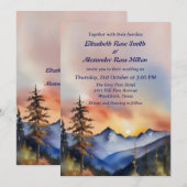 水彩画の雪に覆われた山での結婚式 招待状 (正面/裏面)