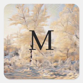 水彩画の雪に覆われた木々と冬の風景 スクエアシール