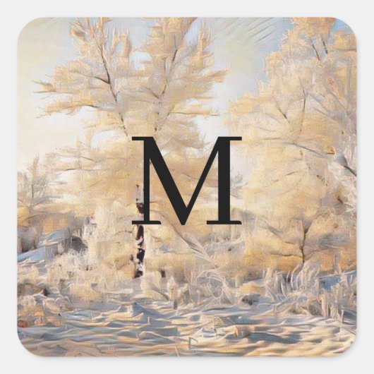 水彩画の雪に覆われた木々と冬の風景 スクエアシール (正面)