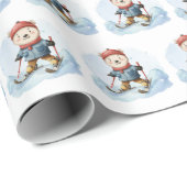 水彩画の雪上でスキーをする白熊 ラッピングペーパー (ロールコーナー)