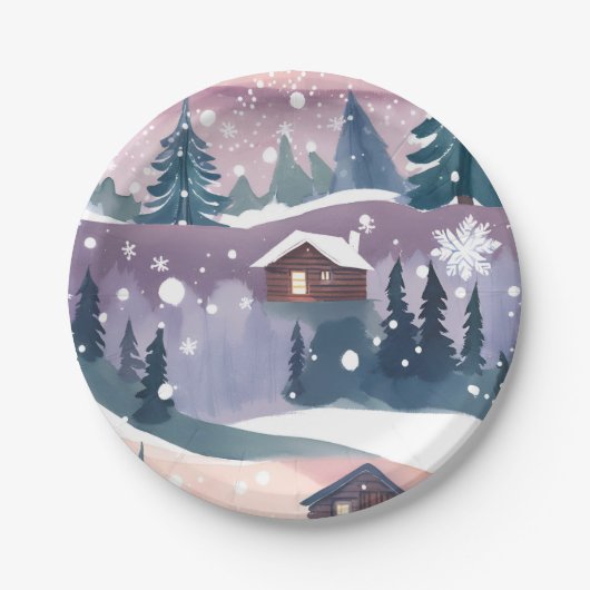 水彩画の雪山の山小屋 ペーパープレート (正面)