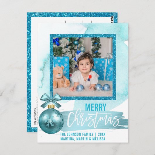 水彩画の青いグリッターホイルのクリスマス|の写真 ポストカード (正面/裏面)