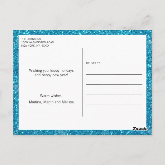 水彩画の青いグリッターホイルのクリスマス|の写真 ポストカード (裏面)