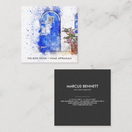 水彩画の青いドアの不動産の評価人 スクエア名刺 (正面/裏面)