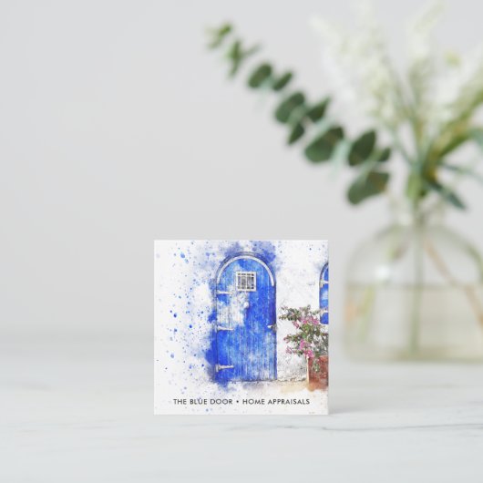 水彩画の青いドアの不動産の評価人 スクエア名刺 (スタンド正面)