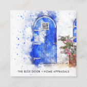 水彩画の青いドアの不動産の評価人 スクエア名刺 (正面)