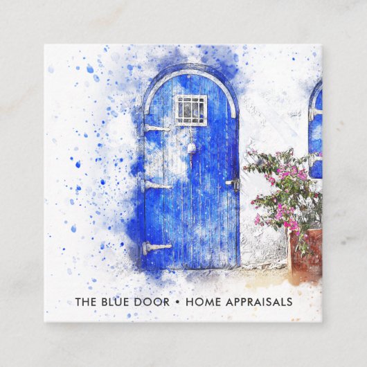 水彩画の青いドアの不動産の評価人 スクエア名刺 (正面)