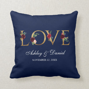 水彩画の青いバーガンディの花の金ゴールド愛結婚式 クッション
