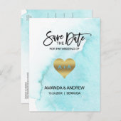 水彩画の青いビーチの行先の保存日付 案内ポストカード (正面/裏面)