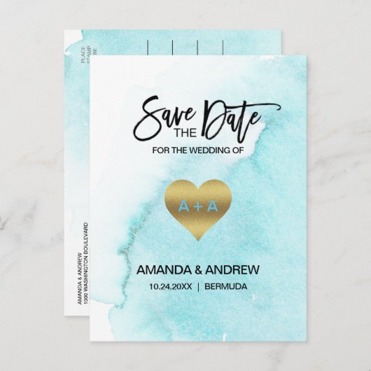 水彩画の青いビーチの行先の保存日付 案内ポストカード (正面/裏面)