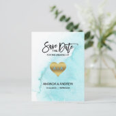 水彩画の青いビーチの行先の保存日付 案内ポストカード (スタンド正面)