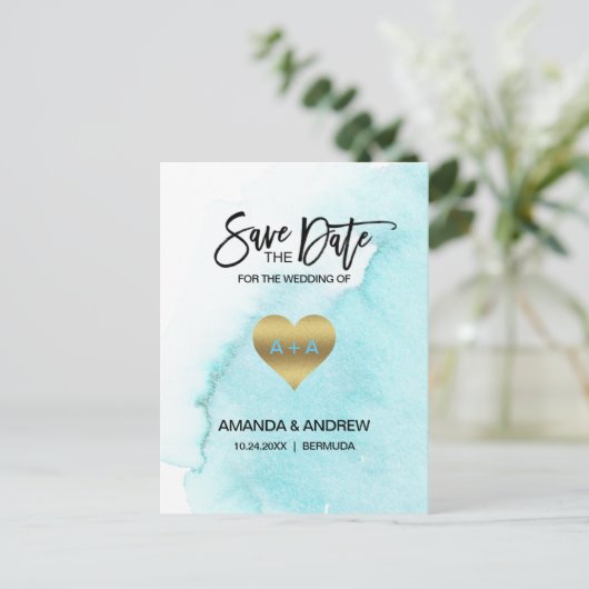 水彩画の青いビーチの行先の保存日付 案内ポストカード (スタンド正面)