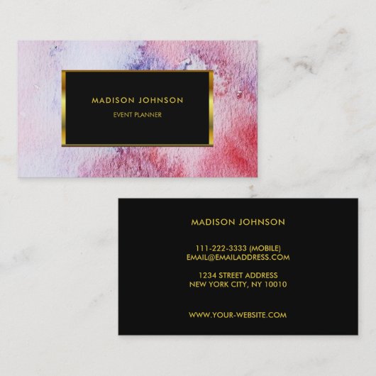 水彩画の青いピンクの(ばちゃばちゃ)跳ねるの金ゴールドフレーム 名刺 (正面/裏面)