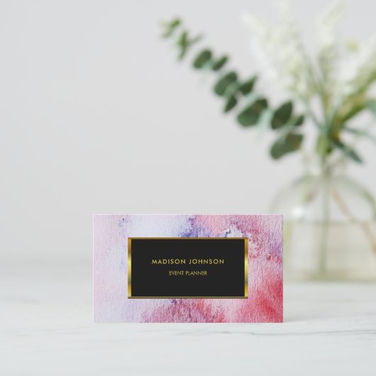 水彩画の青いピンクの（ばちゃばちゃ）跳ねるの金ゴールドフレーム 名刺 (スタンド正面)